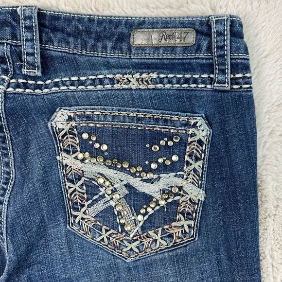 Wrangler Rock 47 Bootcut Low Rise Jeans Womens 30x32 Blue Whiskers Bling Cowgirl - Picture 8 of 11